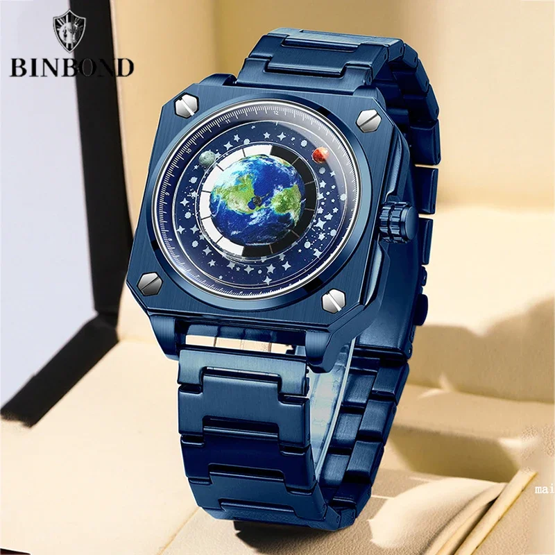 

BINBOND Earth Watch для мужчин, вращающийся Earth Dial, новая концепция креативных червоточины, синяя планета, указатель, стальной ремешок, мужские кварцевые часы