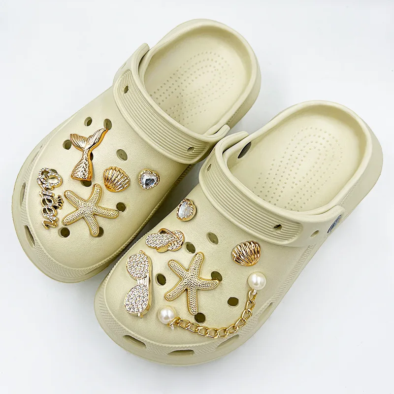 Gold Series Seashell & Starfish DIY Shoe Charms Accessories Bling Rhinestone Queen Sunglasses Detachable Buckles Sandals Clogs