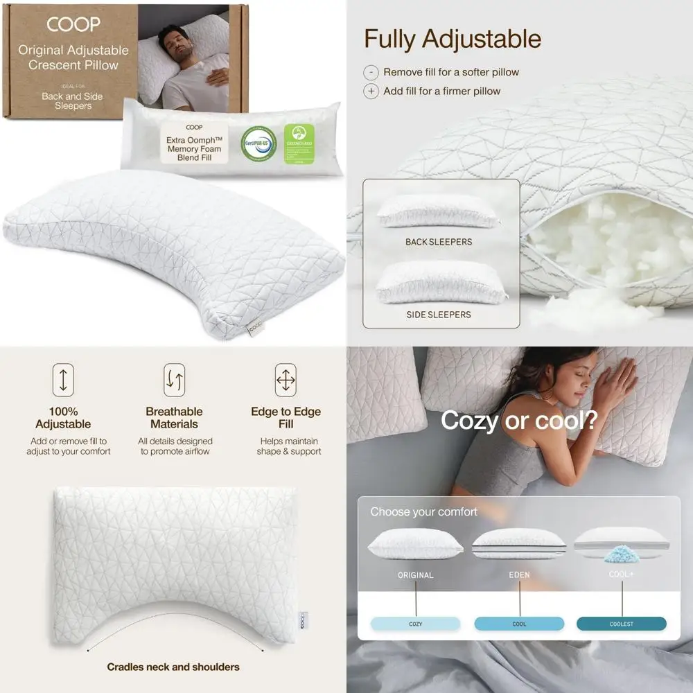 

Crescent-Shaped Adjustable Pillow by Coop Home Goods - King Size for Enhanced Neck, Shoulder, and Head Support