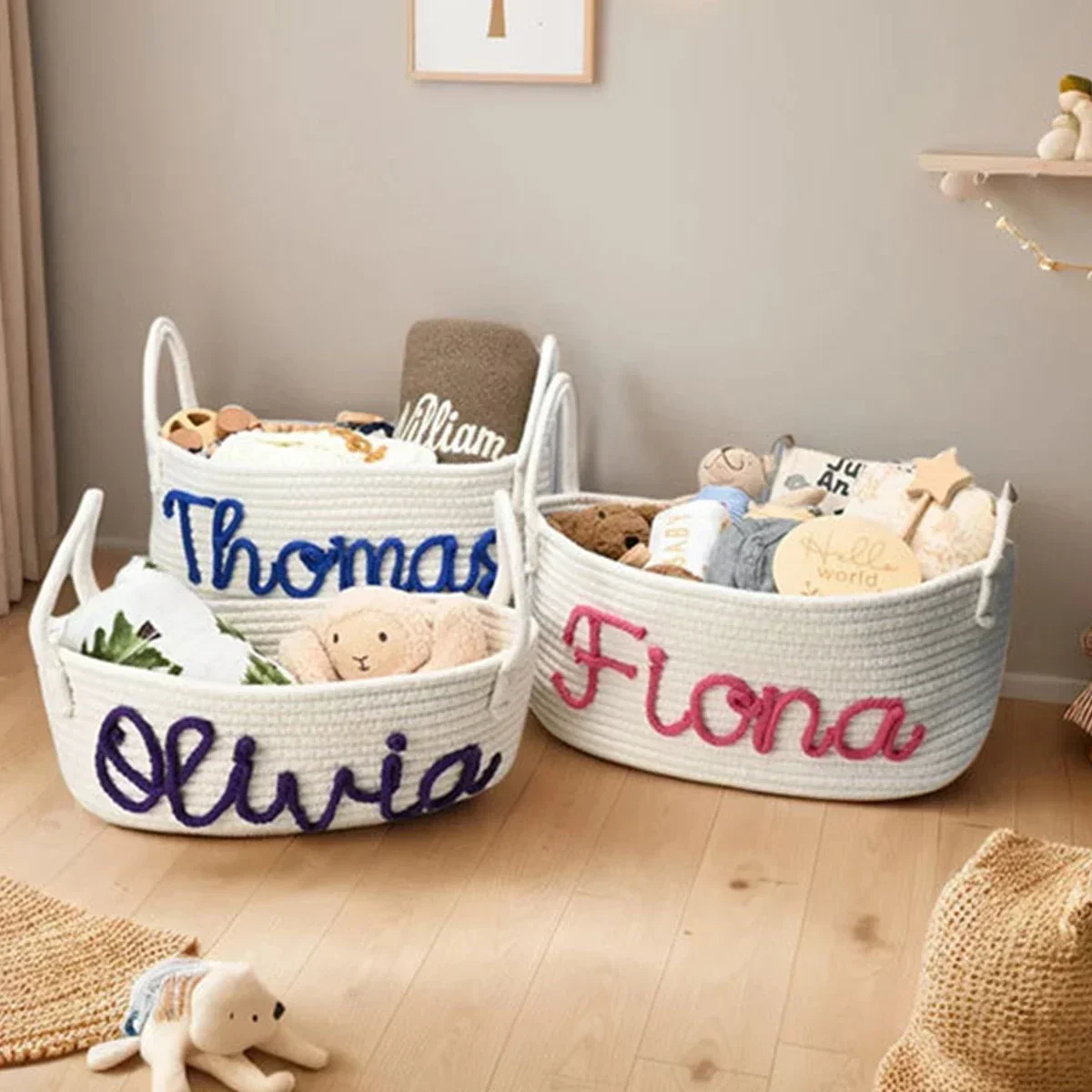 Custom Newborn Name Basket, Baby Shower Gift Basket, Personalized Diaper Basket, Rope Cotton Toy Storage Basket