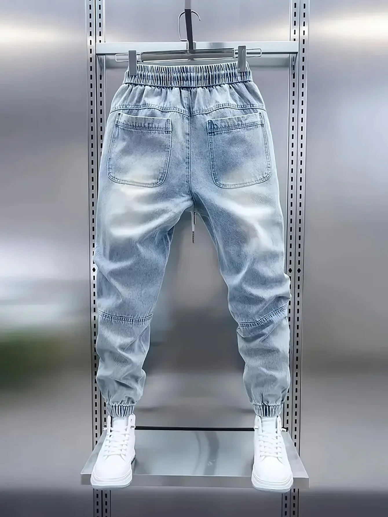 Men Patchwork Stitching Cargo Jogger Jeans, Light Drawstring Cuffed Denim Pants, Hip Hop Street Style Casual Denim Trousers