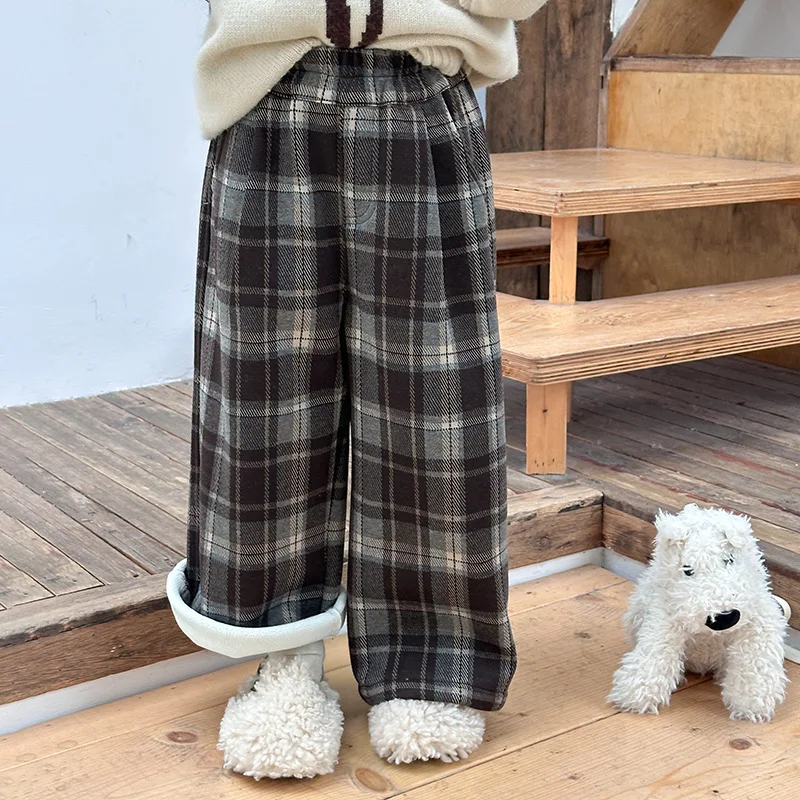 بنطال صوف سميك مبطن بالصوف منقوش بأرجل مستقيمة كورية فضفاضة غير رسمية ومطابقة تمامًا ومريحة