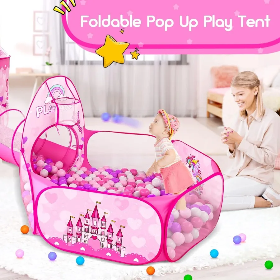 3-teiliges Spielzelt für Mädchen mit Bällebad, Krabbeltunnel, Prinzessinnenzelte für Kleinkinder, Baby Space World, Spielhaus, Spielzeug, 3-teilig, Prinzessin Dre