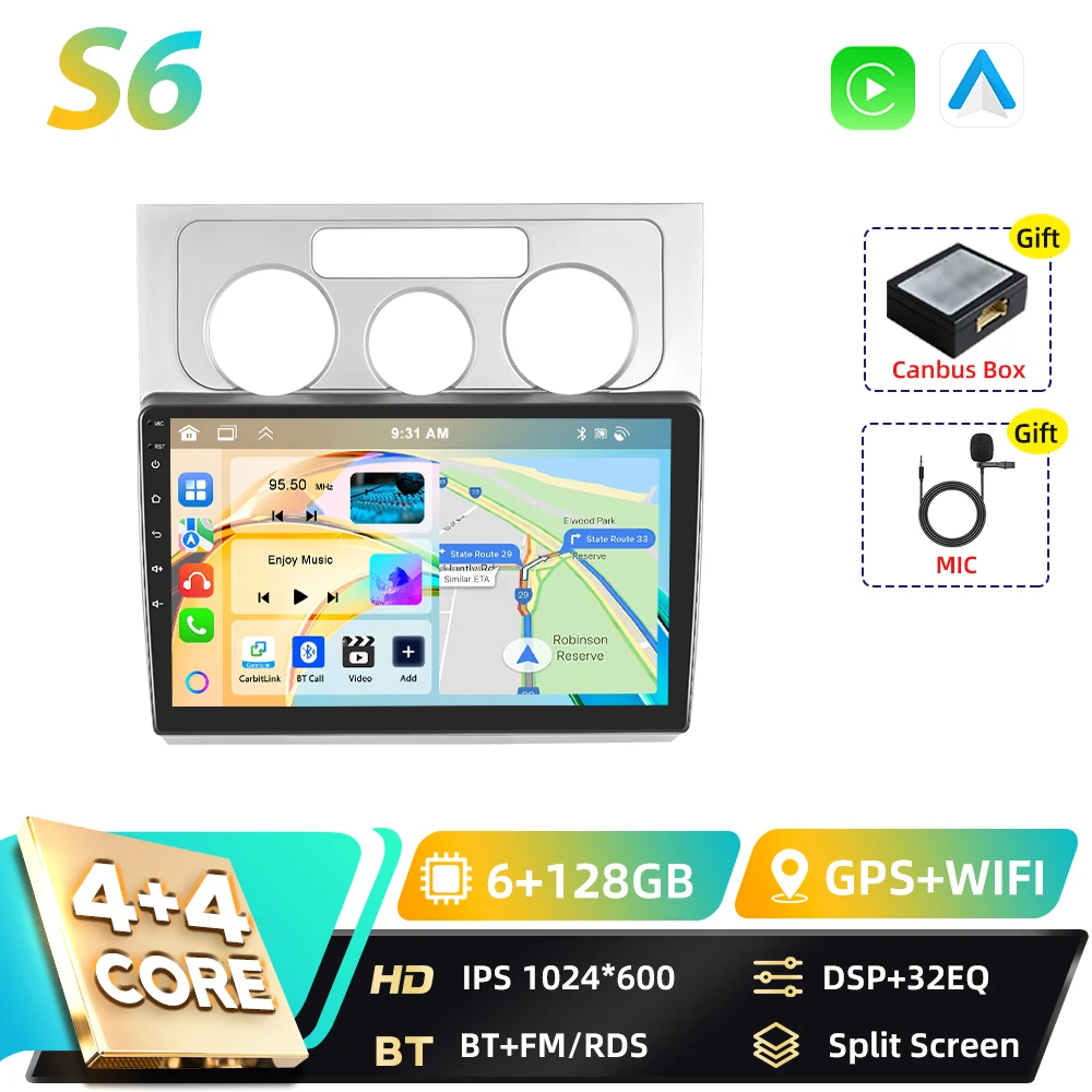 Podofo 8+128G 2din Android autoradio voor Volkswagen Touran 2006-2008 met Carplay, FM, GPS navigatie, DSP, Android Auto, RDS en BT