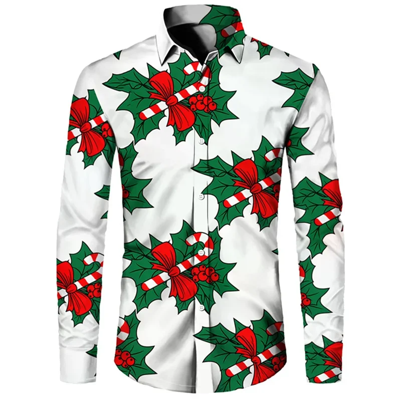 Classic Santa Claus shirt printed long sleeved shirt for men, fashionable casual shirt, breathable and comfortable shirt, men\'s