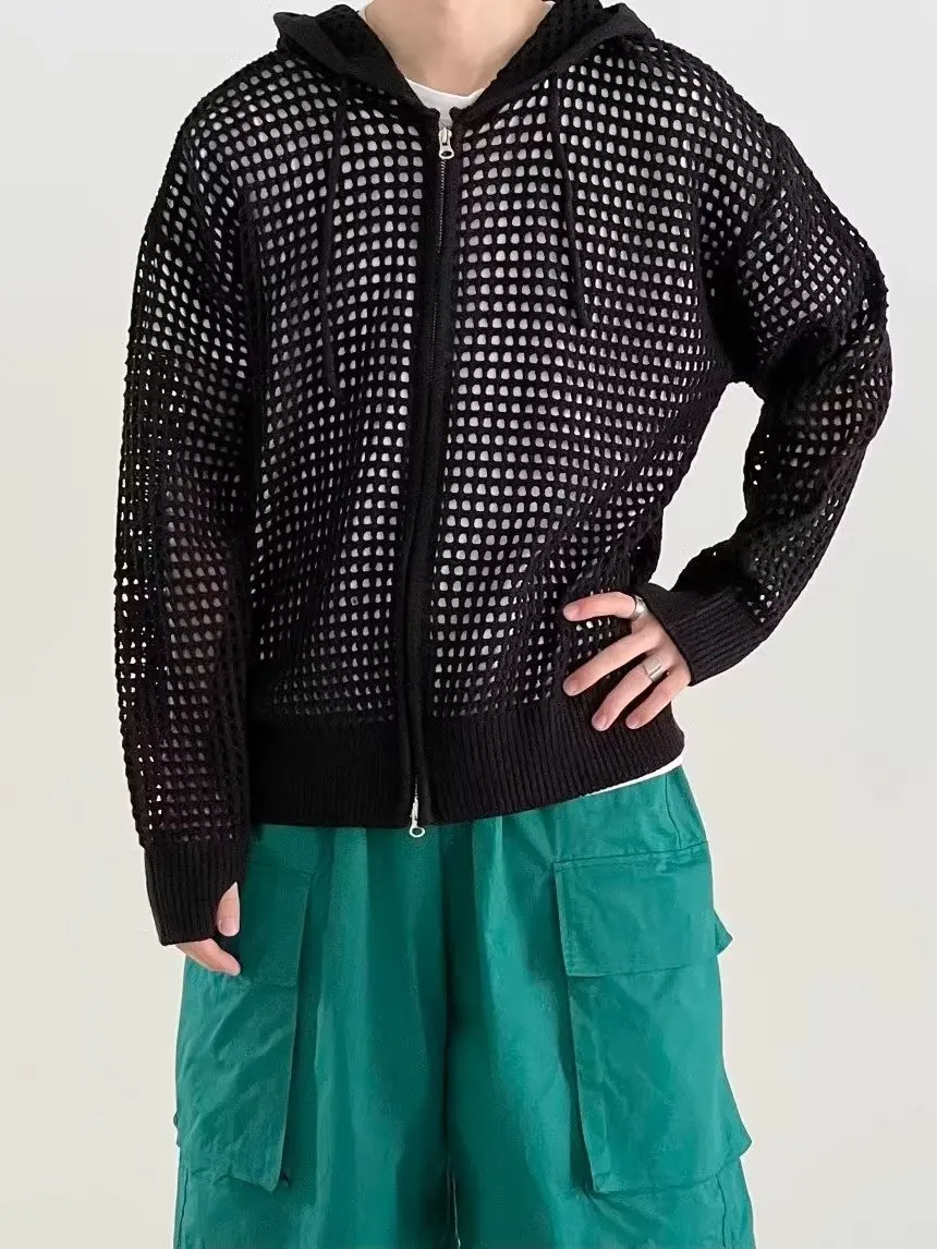 Hoodie Uniseks Kardigan Rajutan Berkerudung Berlubang Trendi untuk Pria Mantel Sweter Ritsleting Longgar Musim Semi Musim Gugur Pakaian Luar Kasual