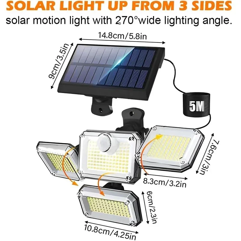 138/198/333/74 LED luci solari sensore di movimento esterno induzione umana testa regolabile IP65 lampada da parete impermeabile a energia solare