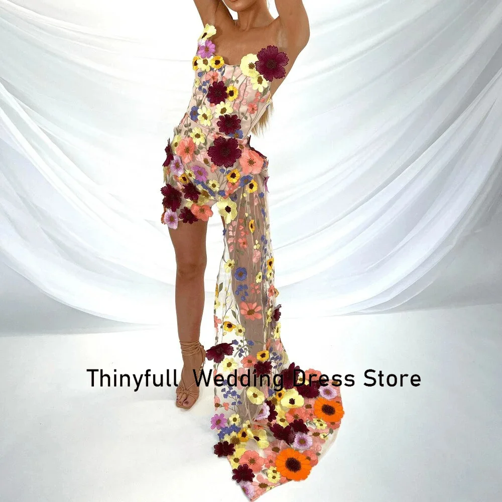 Thinyfull 3D Flowers Mermaid Short Prom Gown Sleeveless Strapless Evening Party Dress Formal Occasion Cocktail Dress Customized