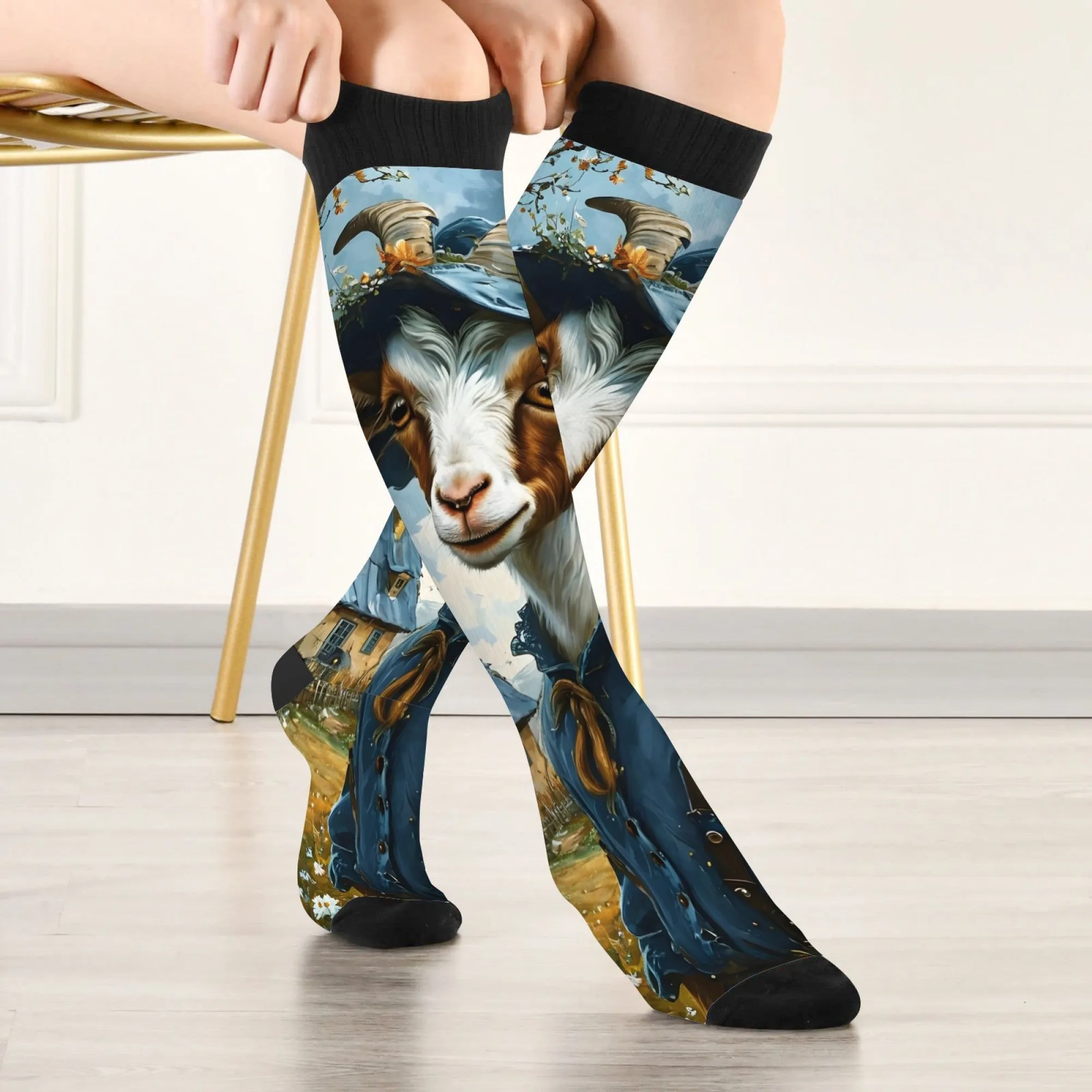 

Пасторальный узор козла, забавные модные креативные носки до колена, теплые нескользящие компрессионные носки для варикозного расширения вен, мужские велосипедные носки на открытом воздухе