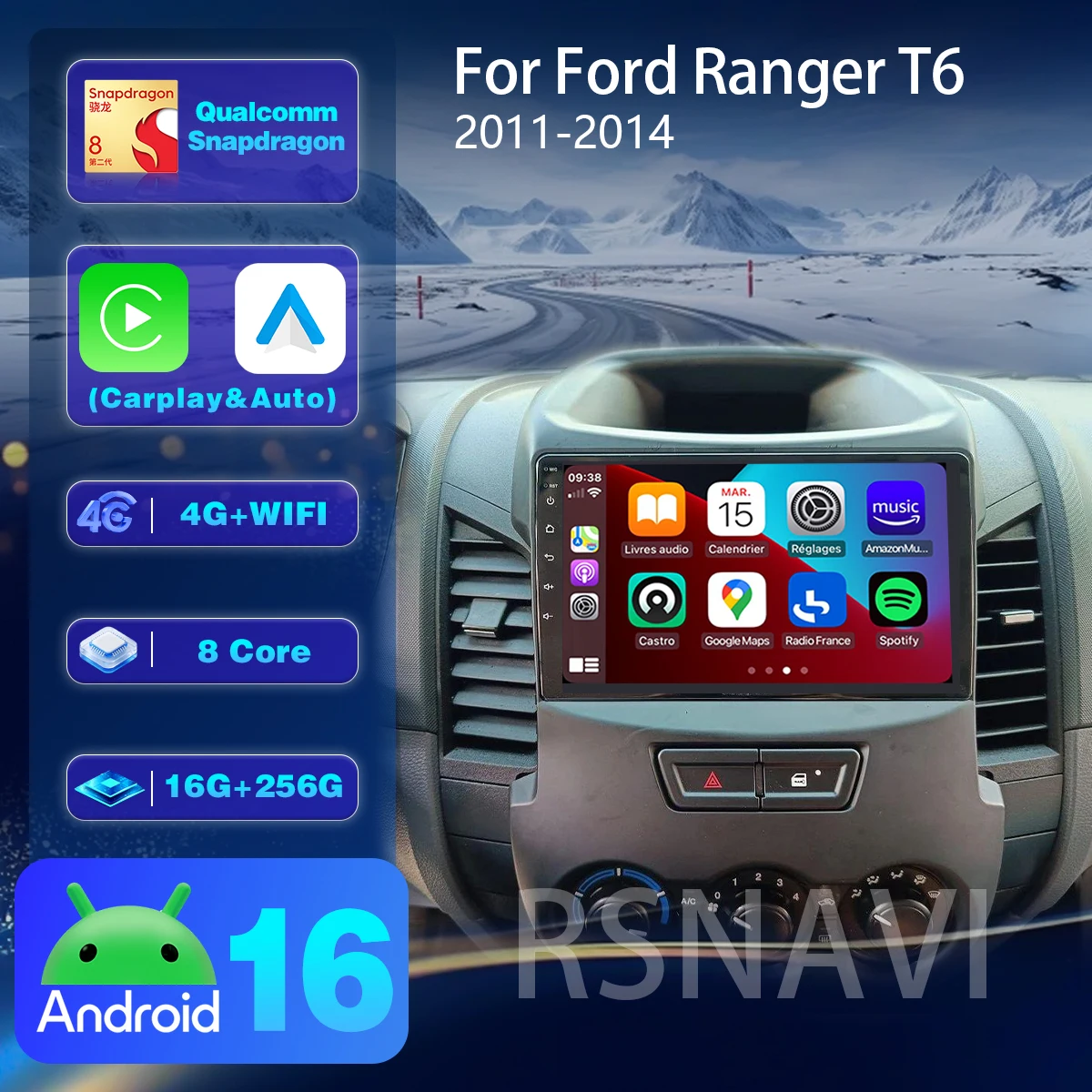 Android 16 For Ford RANGER 2011-2016 Carplay Auto Car Radio Autoradio Head Unit DSP video Stereo Snapdragon Ships in 24 hours