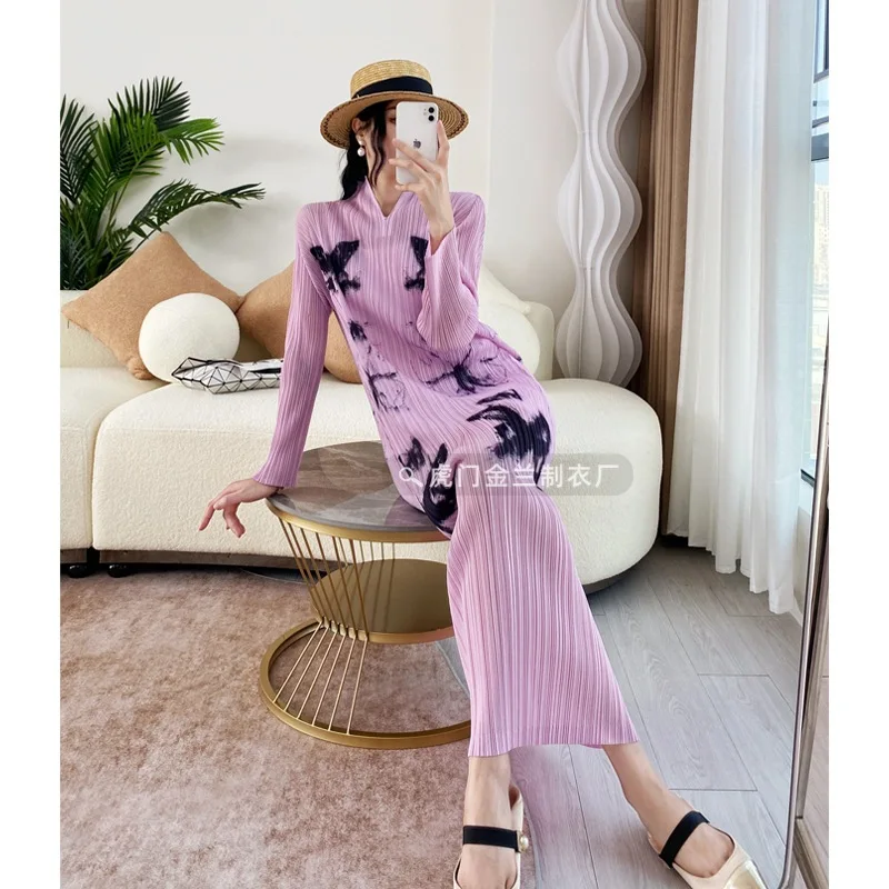 

Pleats Pleated High-end Fashion Temperament Printing Dress Female Spring and Summer Comfortable Casual Slim Thin Long-sleeved