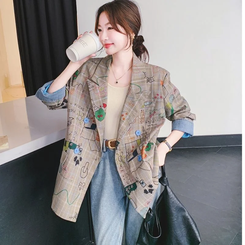 

Doodle Plaid Printed Suit Women's Loose Age-reducing Retro Jacket Casual Top