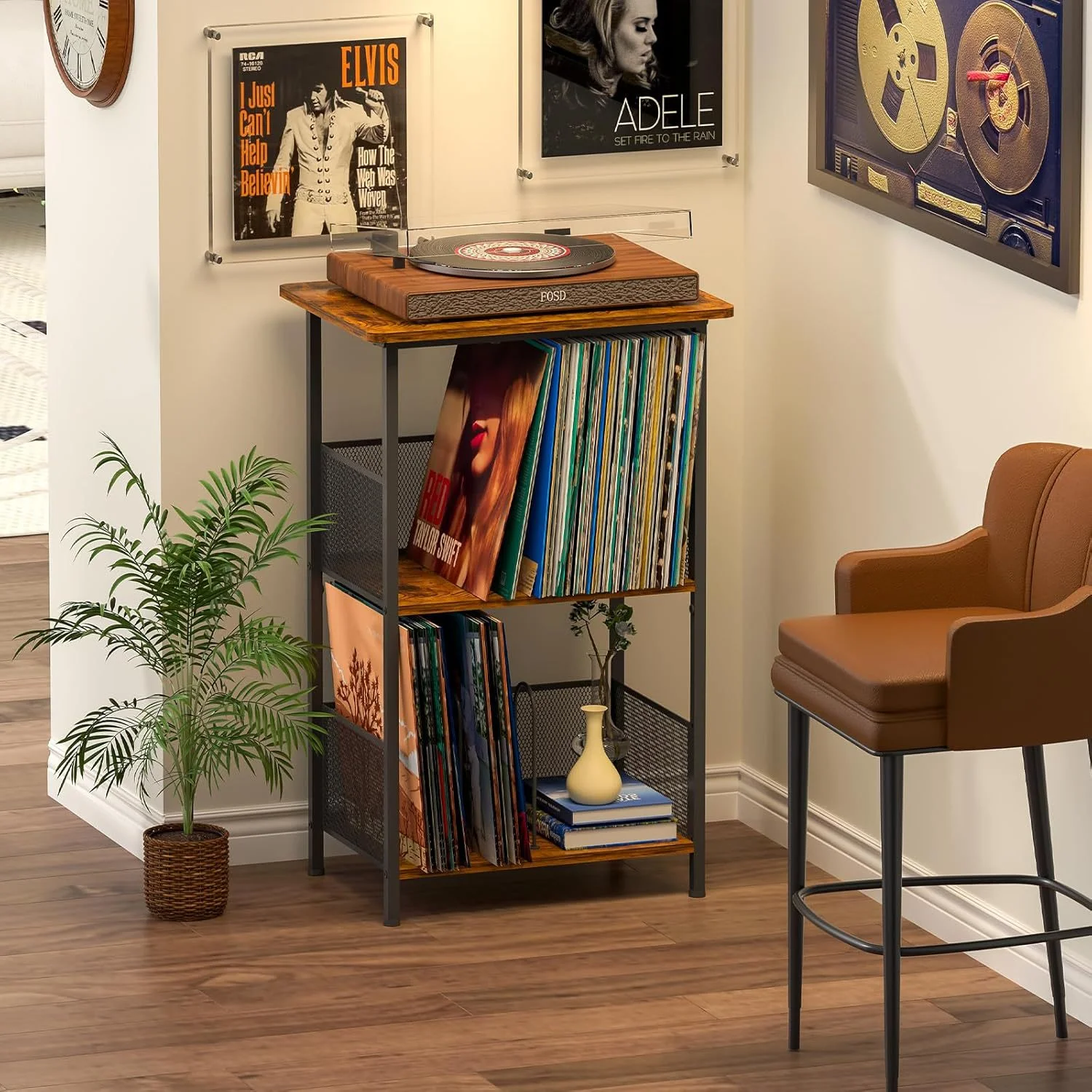 Rolling Vinyl Record Storage Holder End Table 3-Tier Record Storage Turntable Shelf Record Player