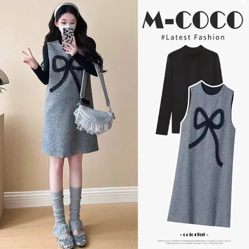 

Trendy Pregnancy Two Piece for Expecting Moms Stylish Bow Accent Pinafore Dress Set Fashionable Fall Maternity Wear for Women
