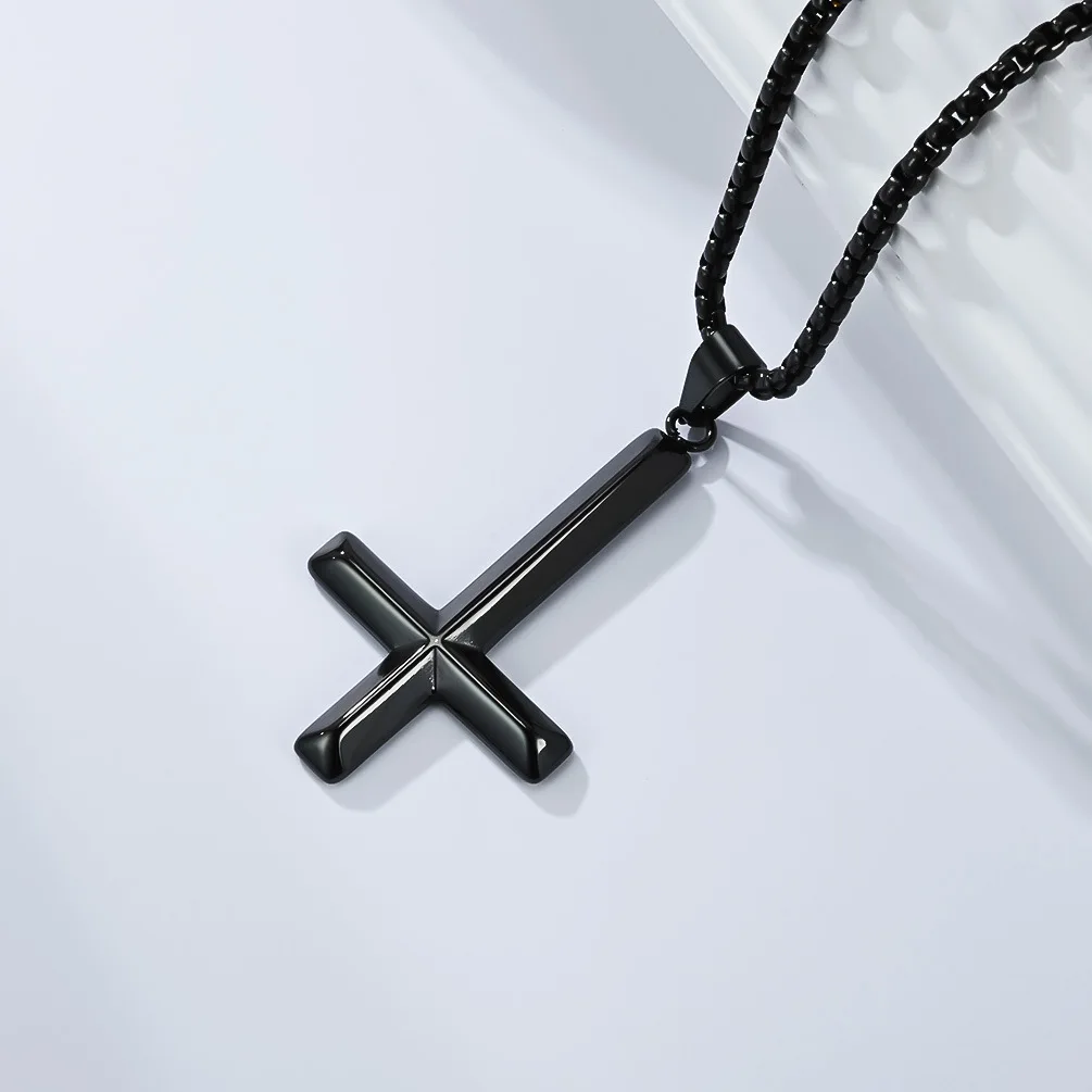 Inverted Satanic Cross Pendant Necklace For Men Women Stainless Steel Box Chain 24''