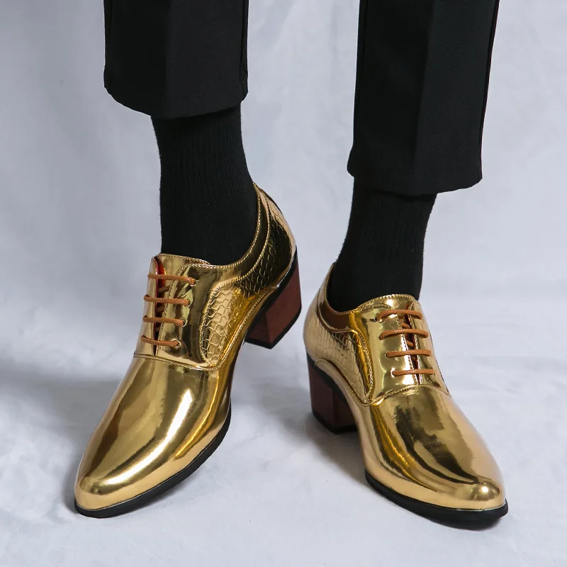 Gold Loafers Men Party Dress Shoes Wedding Business Oxford Shoes Men Height Increase Patent Leather Formal Shoes Plus Size 46