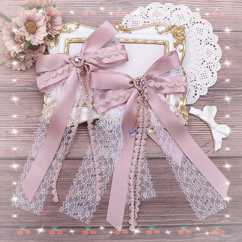 

Японский галстук-бабочка ручной работы с кружевом и подвеской-сердечком, милый аксессуар в стиле Лолита для мягких девушек