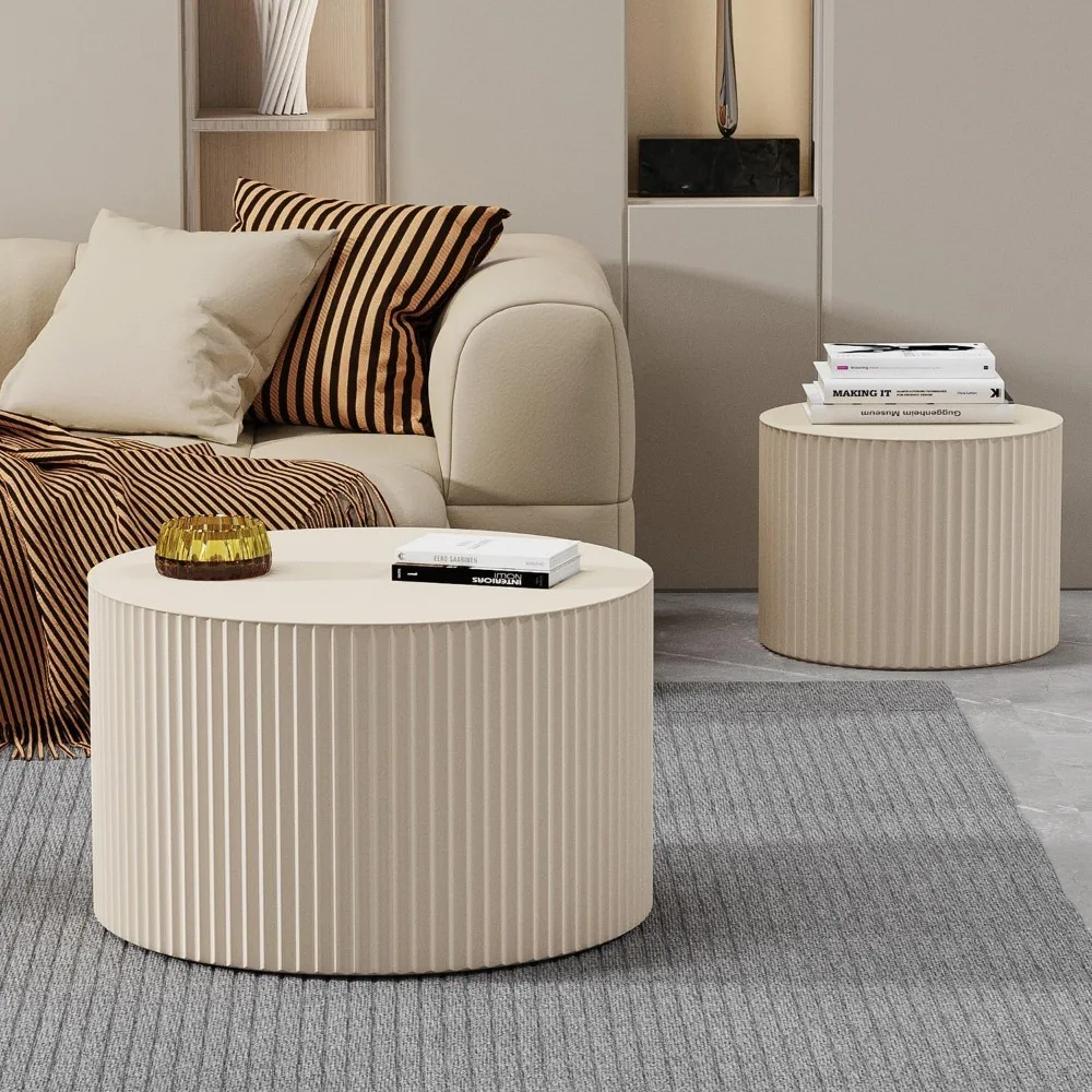 Round Coffee Table Set of 2 Modern Nesting Coffee Tables for Living Room Wave Stripe Round Coffee Table Circular Nested