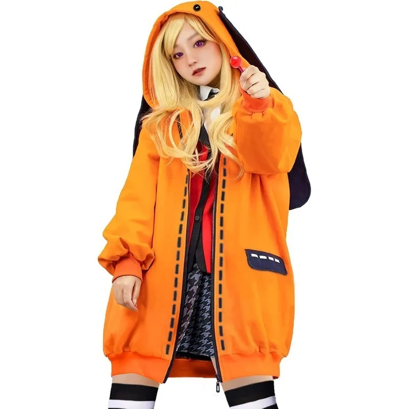 

Anime Runa Cosplay Costume Bunny Ears Hoodie Hooded Jacket Coat Orange Uniform Cute Clothes Stockings for Carnival Party
