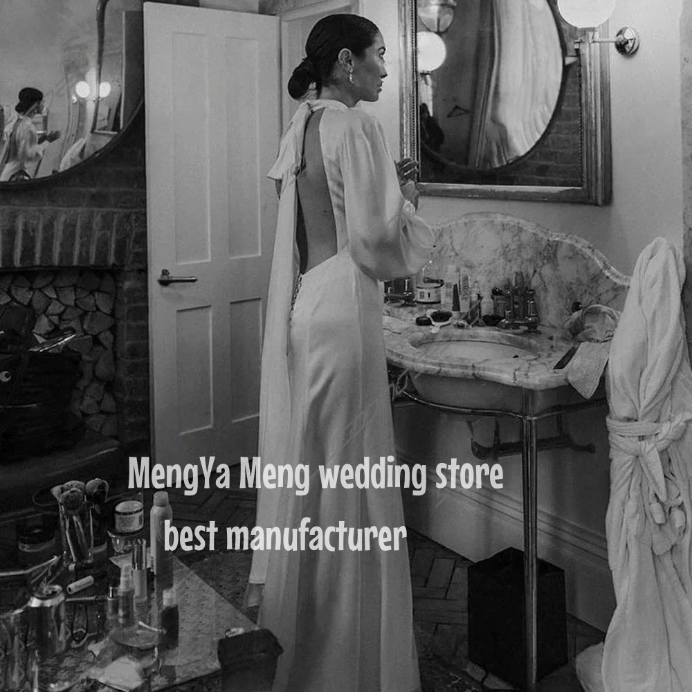 Love Elegant Long Puffy Sleeves Slik Pleated Wedding Dress Sexy A-Line Open Back High Neck Floor Length ribbon Simple Customized