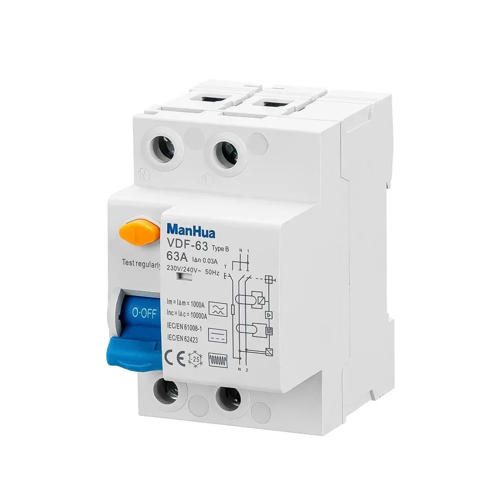 

ManHua VDF-63 2P Type B 63A RCD RCCB Electric Leakage Breaker Residual Current Protection For EV charging