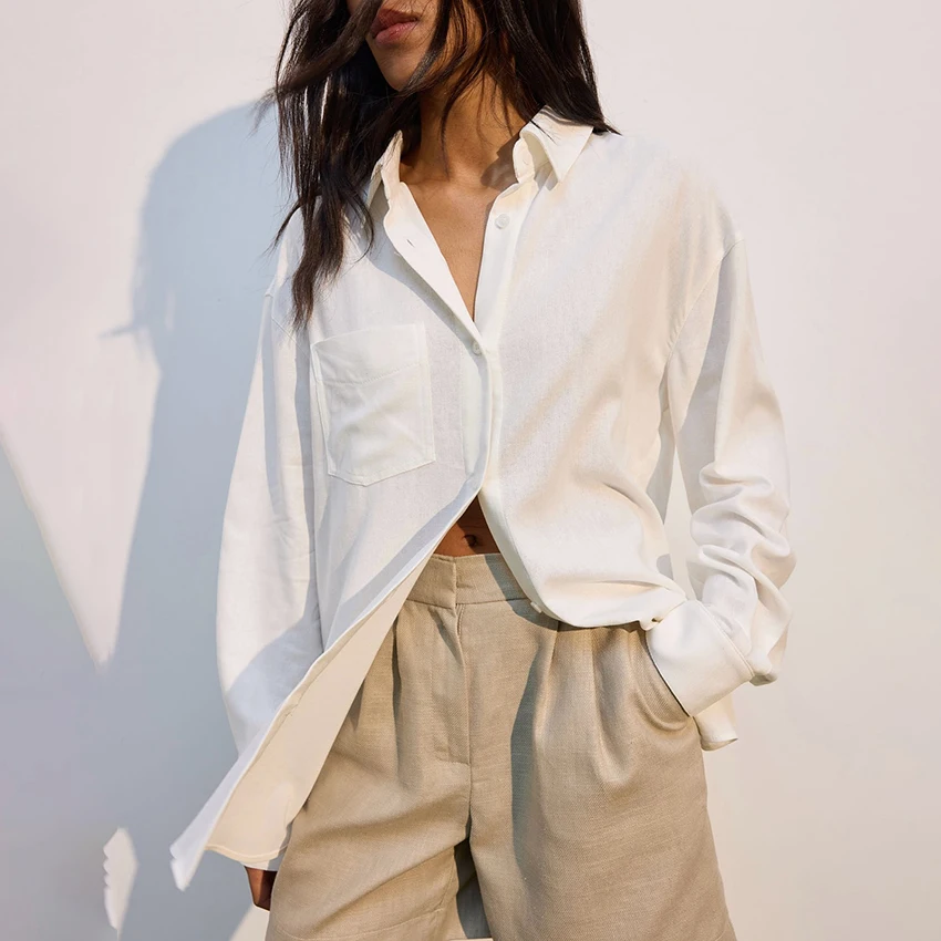 

Linad Office Lady Cotton White Shirts 2025 Fashion Pink Turn Down Collar Woman Blouse Casual Long Sleeve Top Female Buttons