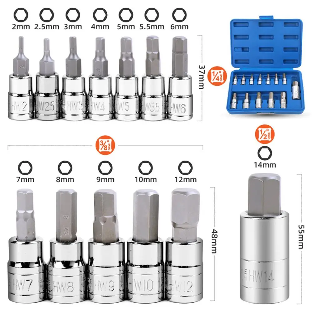 13Pcs Star Torx Hex Bit Socket Set T8-T70 H2-H14,CRV Sockets 1/4inch,3/8inch & 1/2inch Drive For Hand Use Work