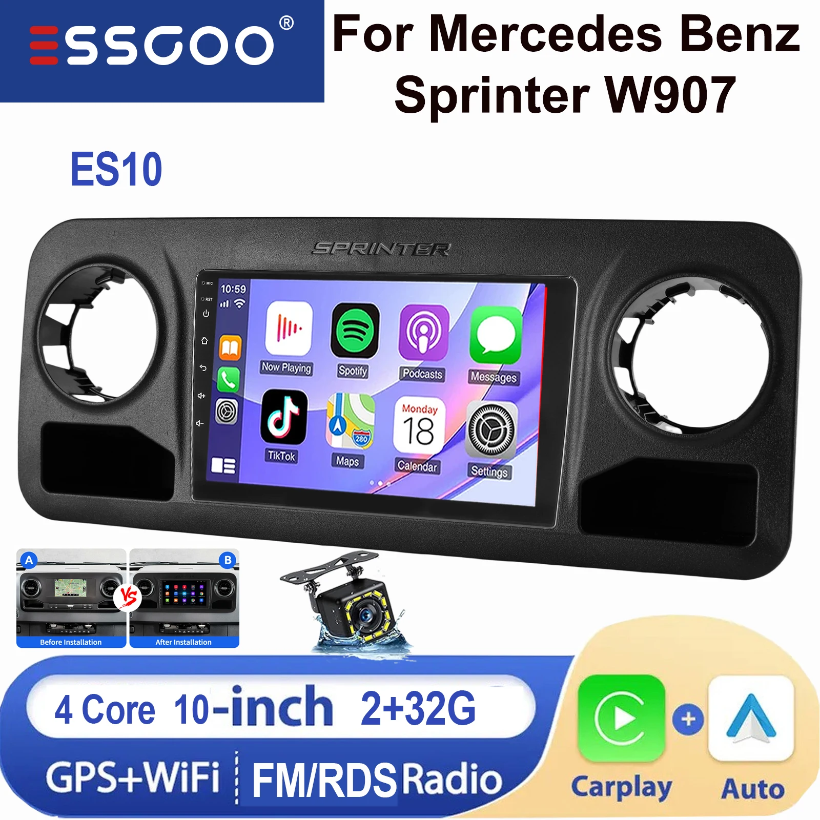 ESSGOO Android 15 IPS Touchscreen 10 Inch Voor Mercedes Benz Sprinter W907 2018-2023 Apple CarPlay Android Auto Draadloos Autoradio GPS Navigatie WIFI Stuurwielbediening RDS Bluetooth FM USB Spiegel