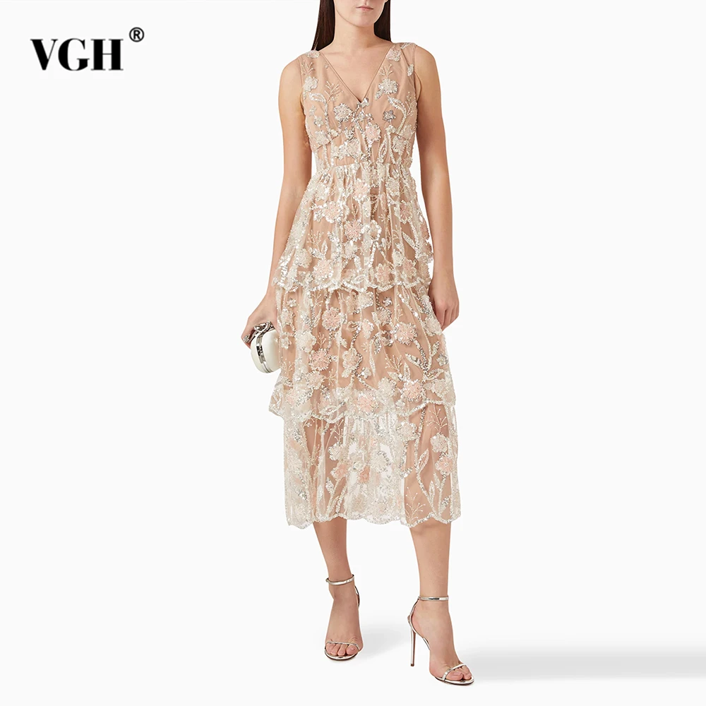 

VGH Luxury Patchwork Sequined Flower Mid Dress for Women V Neck Sleeveless High Waist Spliced Tiered Sexy Dresses Female Summer