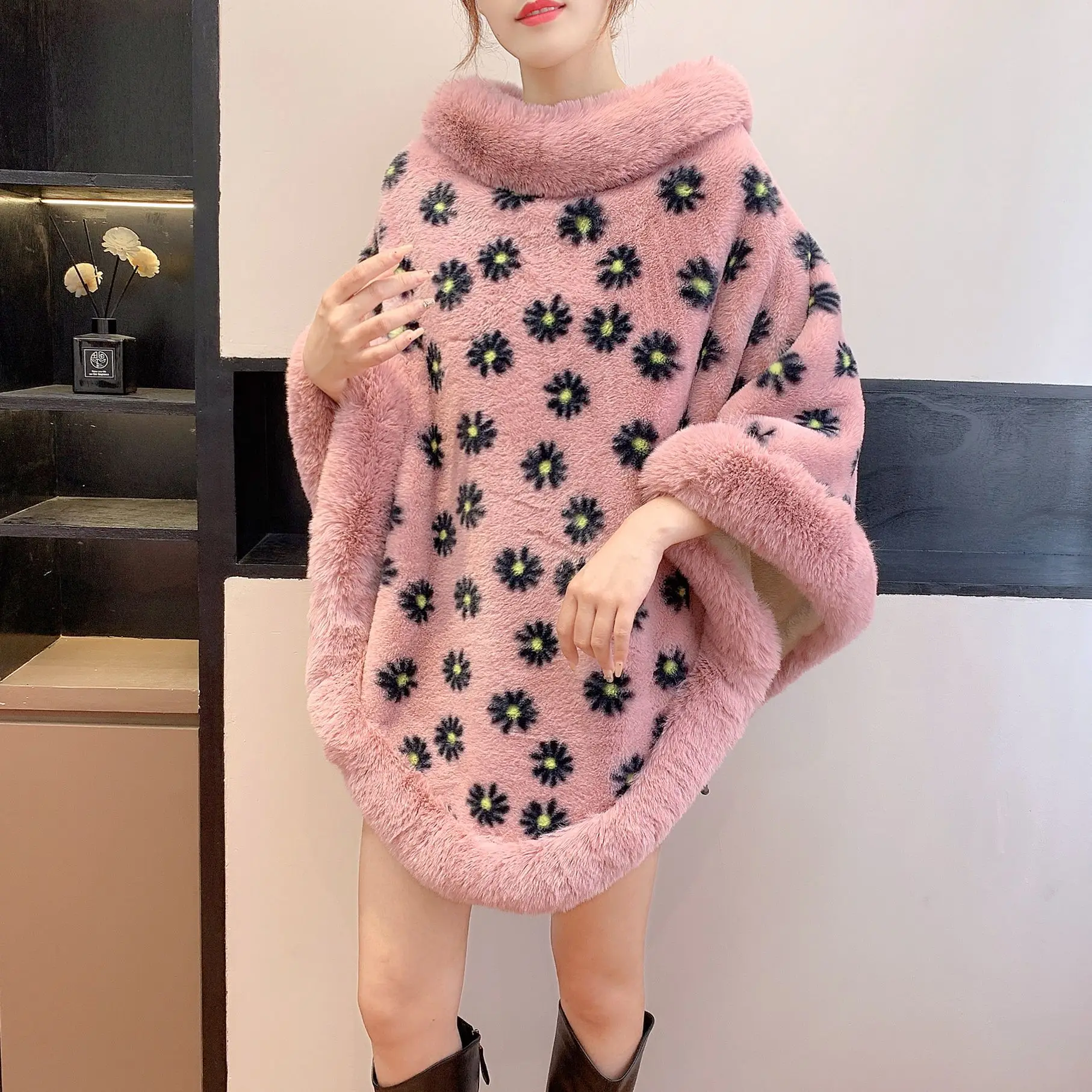 

Autumn Winter Plu Women's Long Sve Hooded Jaet Floral Print Warmth Faionable Versatile Polyester Fur Collar Coat