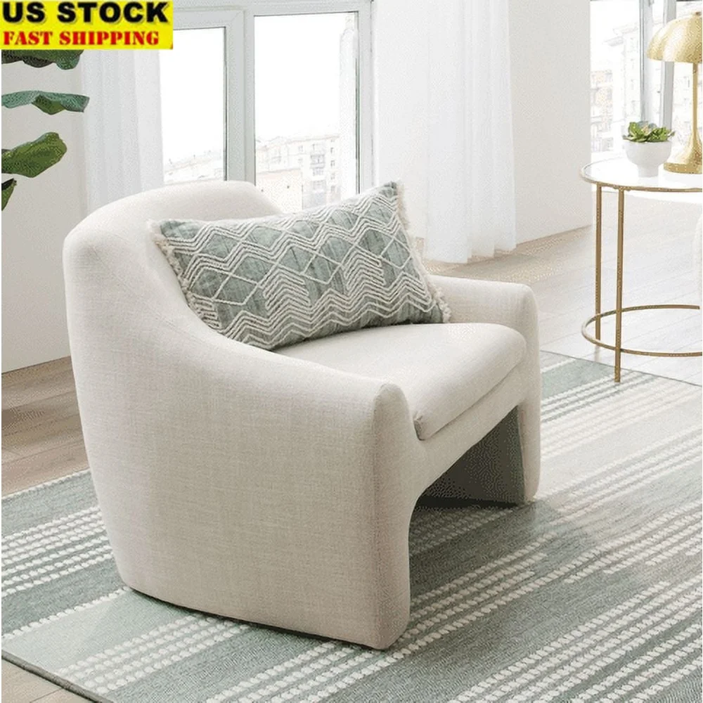 Silla moderna de lino color crema, sillón tapizado de espuma acogedor, marco de madera duradero, fácil de limpiar, decoración elegante para el hogar, capacidad de 300 libras