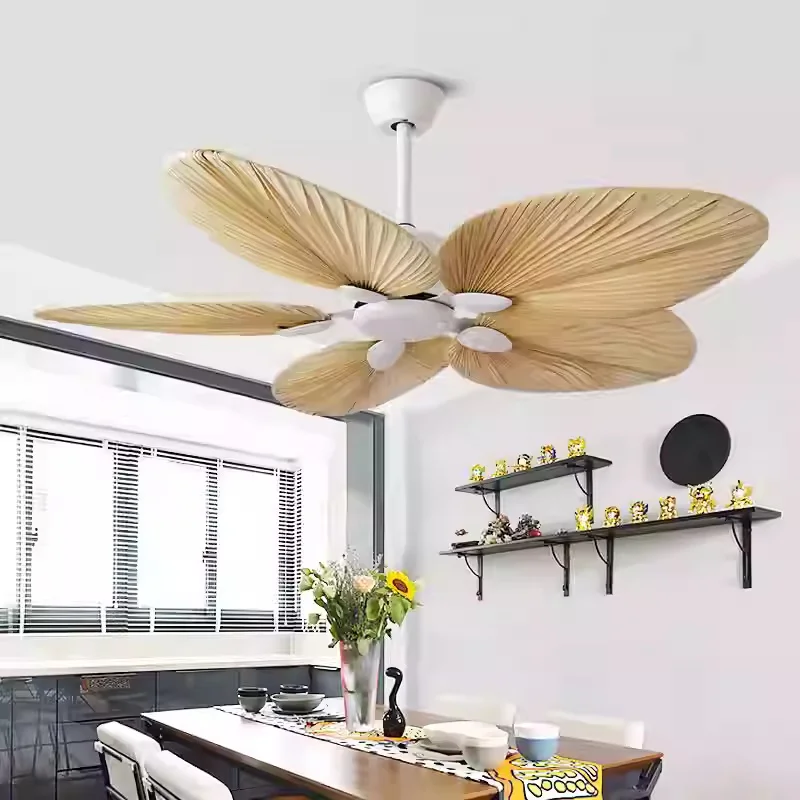 52 Inch Southeast Asian Sunflower Leaf Ceiling Fan Coffee Shop Nanyang Palm Fan Light Restaurant with Remote Control
