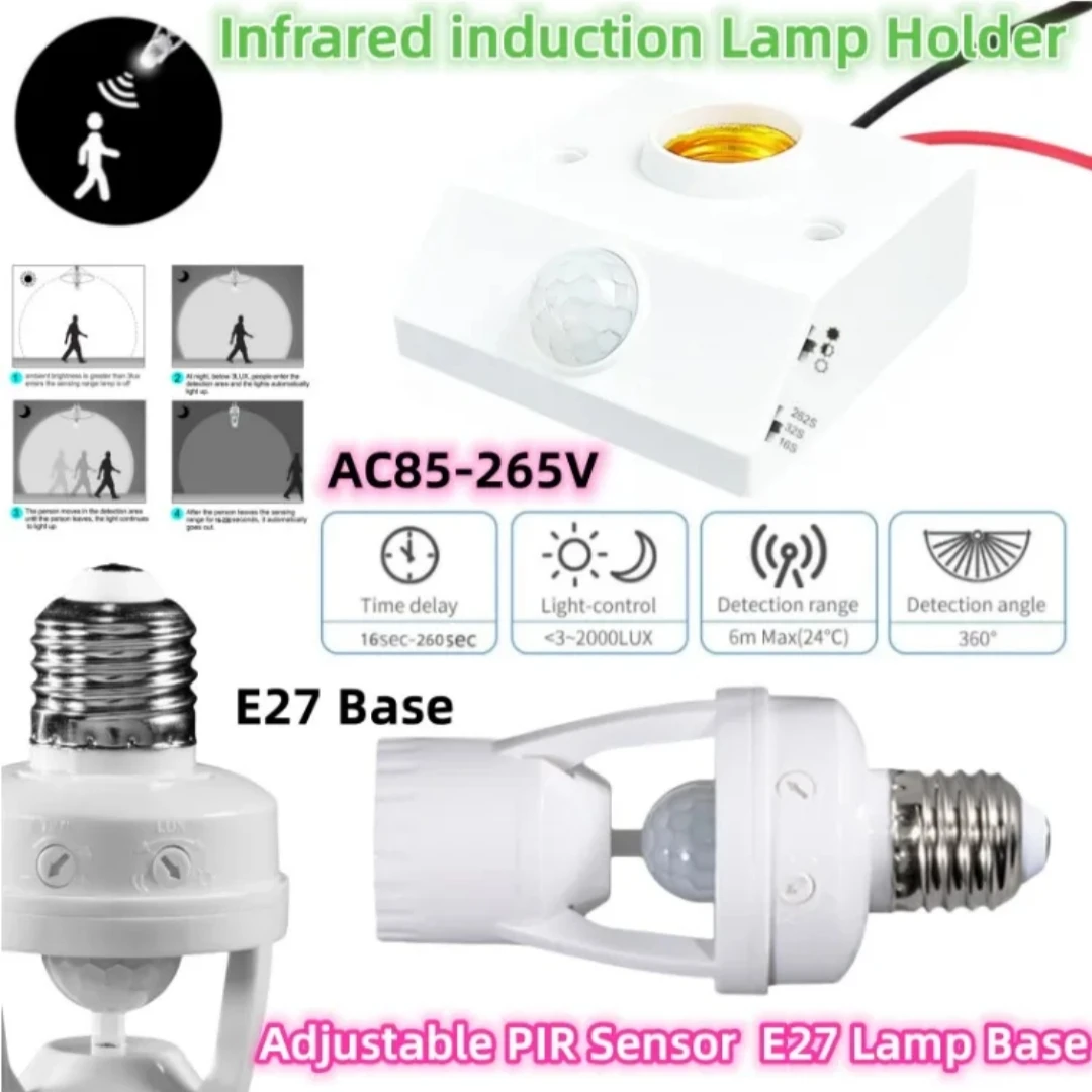 Żarówka LED PIR Czujnik ruchu indukcyjnego LED Gniazdo lampy nocnej Podstawa E27 Oprawka lampy AC 100-240V Czujnik obecności człowieka Przełącznik