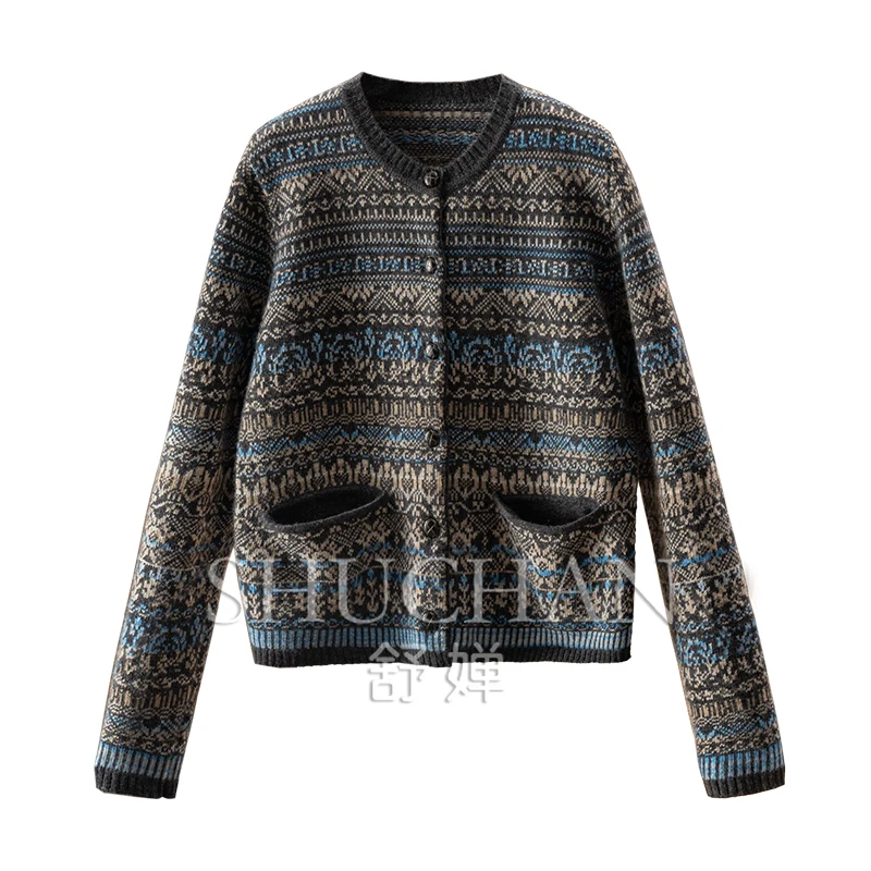 

Indie Folk Retro Jacquard 100 Wool Crew Neck Sweater Cardigan Women Casaco Feminino Sueters De Mujer Long Sleeve Top