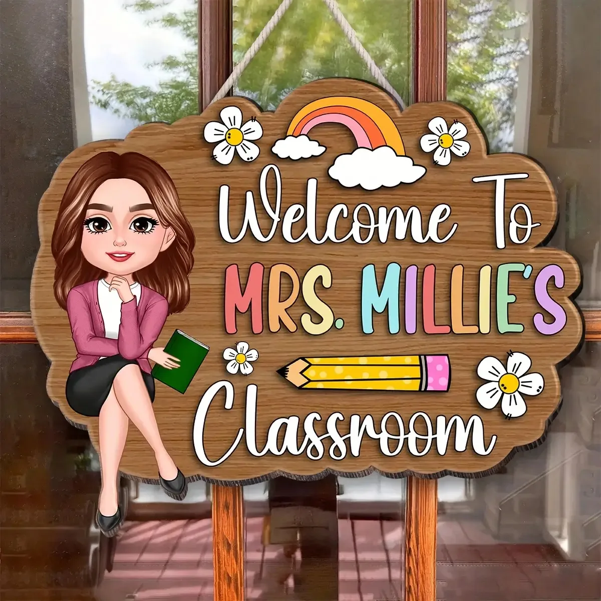 Custom Teacher Classroom Door Sign, Personalized Cartoon Teacher Wooden Plaque, Rainbow & Flower Decor for Classroom image 4