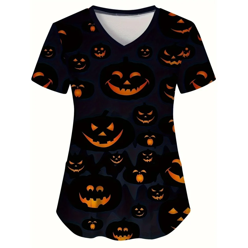 Haut d'Halloween à manches courtes et col en V, joli style uniforme d'infirmière imprimé citrouille avec poches plaquées, chemise décontractée confortable pour femmes