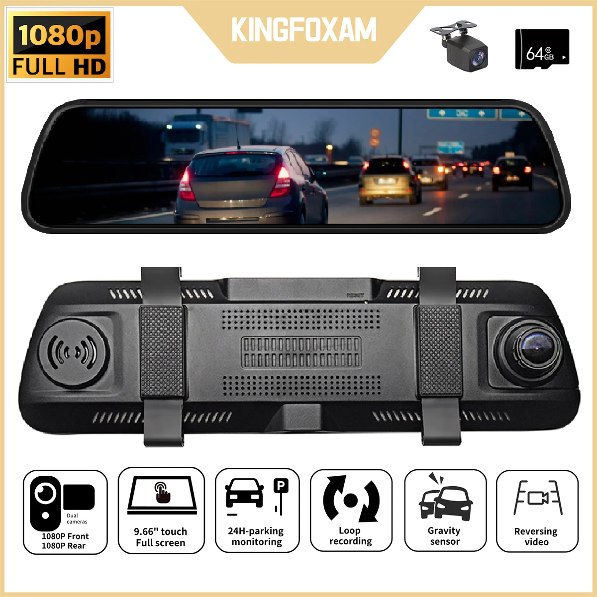 

KINGFOXAM Mirror Dash Cam for Car Camera Front and Rear DASH Video Recorder Reversing Full Touch Screen DVR Night Vision 64GB