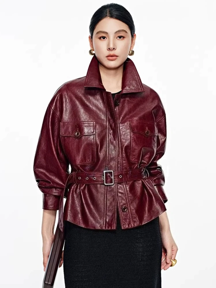 

Casual Short Genuine Leather Jackets for Women Spring Autumn 2026 New High-end Simple Solid Soft Real Sheepskin Coat with Belt
