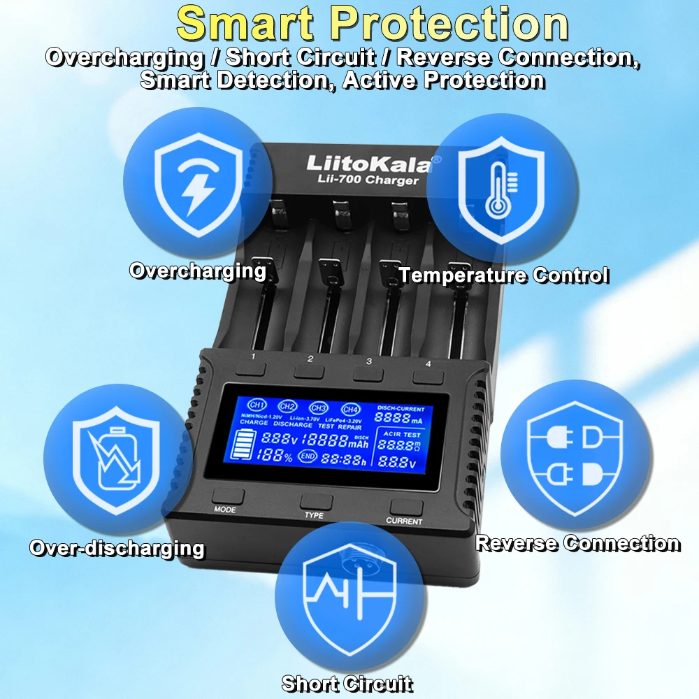 Lii-700 LiitoKala 배터리 충전기 3.7V/1.2V 18650/26650/16340/18500 배터리 충전기(스크린 포함)