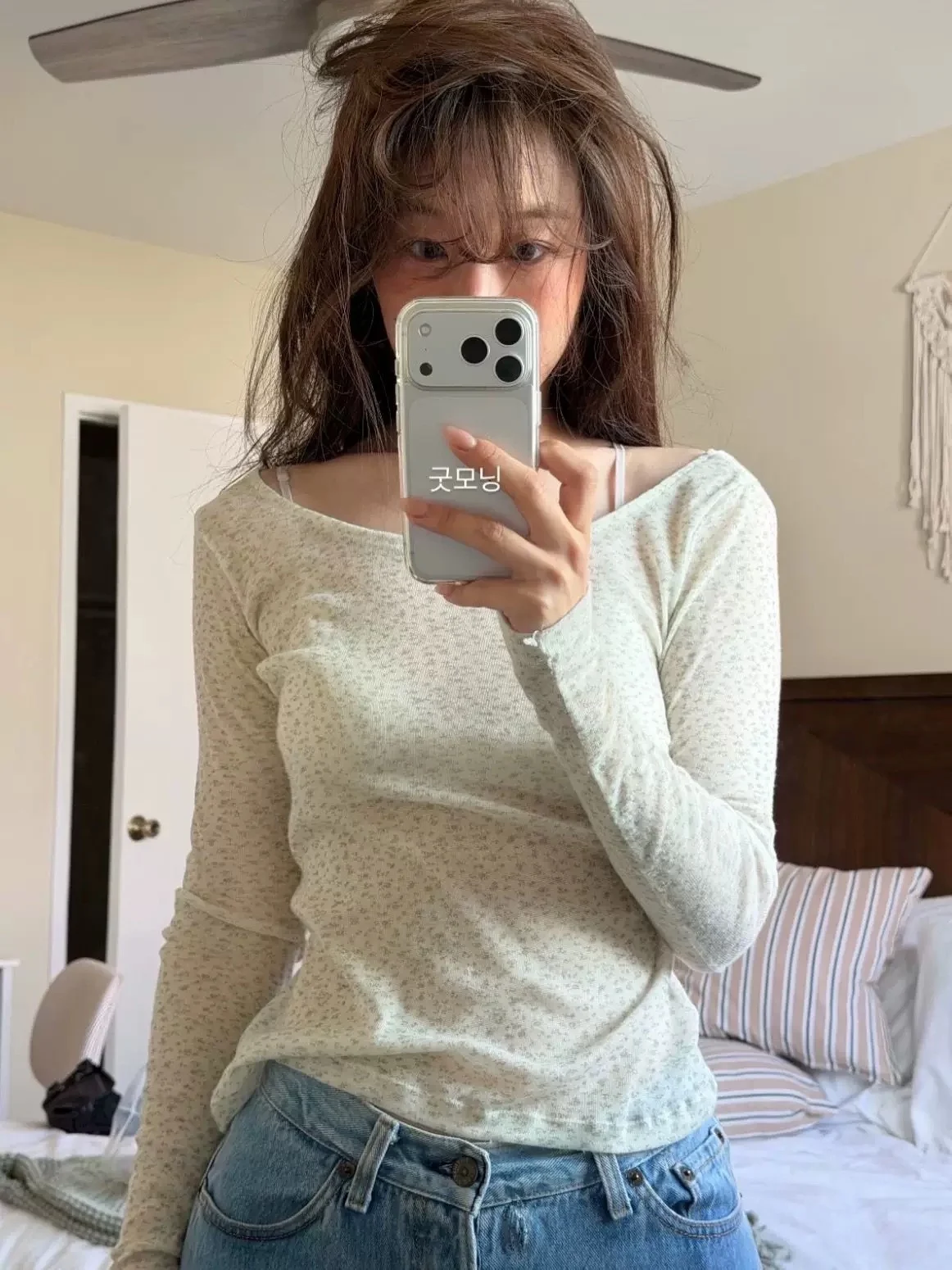Spring Summer Thin Transparent Floral Long Sleeve round Neck T-Shirt Women's Slim Fit Polyester Cotton Blend Commute Style Top