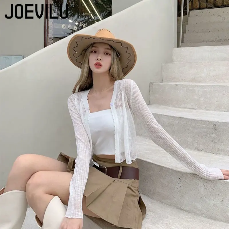 JOEVILU Thin Sunscreen Shirt Women\'s Summer Outerwear Crop Tops Hollow Out White Long-sleeved Cardigan Elegant Casual Shawl Coat