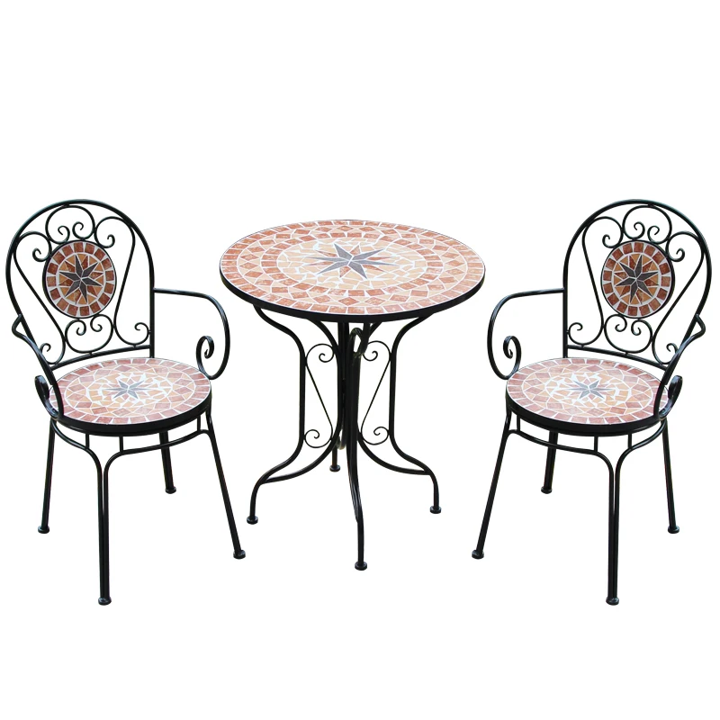 Wrought iron balcony, casual mosaic table and chair combination, European room, outdoor courtyard garden