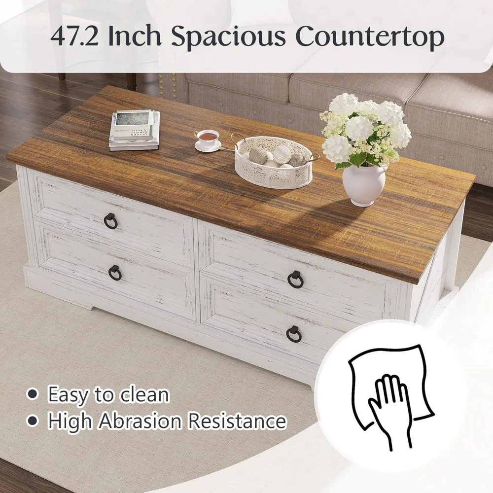 Mesa de centro de madeira estilo fazenda com 4 gavetas, peça central de armazenamento para sala de estar em nogueira branca antiga 47,2