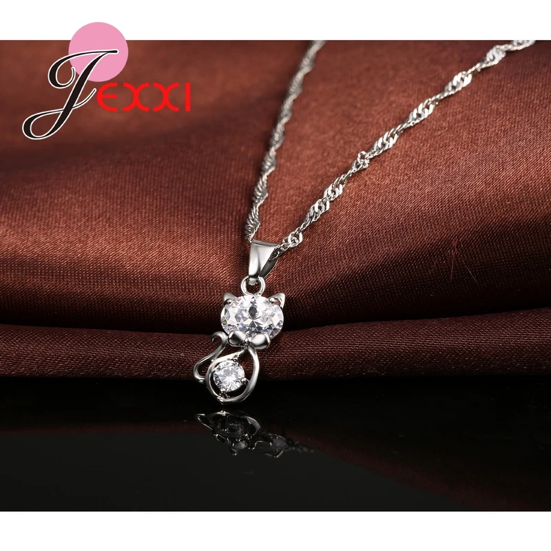 925 Sterling Silver Cubic Zirconia Wedding Jewelry Sets AAA CZ Crystal  Cute Animal Cat Necklace Earrings Women Collar