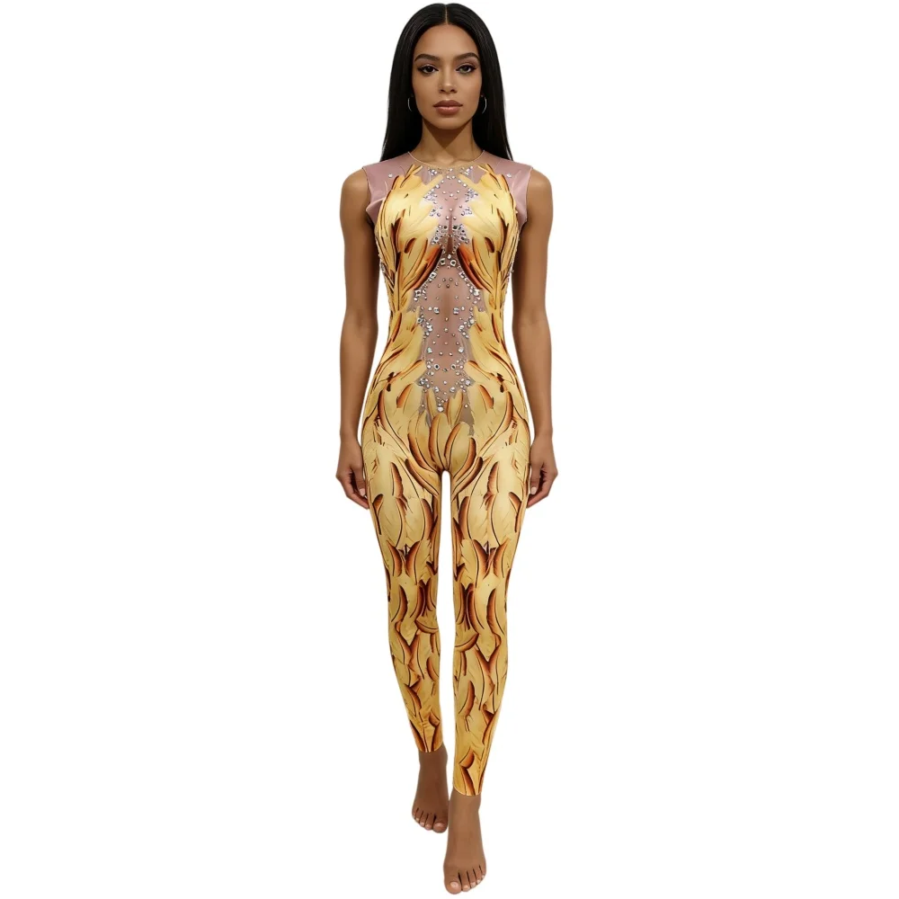 

Блестящий комбинезон с кристаллами и принтом без рукавов, сексуальный костюм для гоу-гоу танцев, леотард для танцев на пилоне, сценический наряд для женщин, костюм для выступлений в ночных клубах