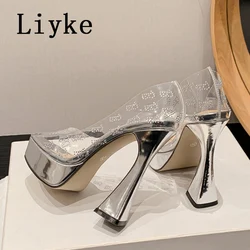 Liyke PVC Transparent Women Platform Pumps Sexy Crystal Rhinestone Peep Toe Party Wedding Elegant High Heels Slingback Shoes