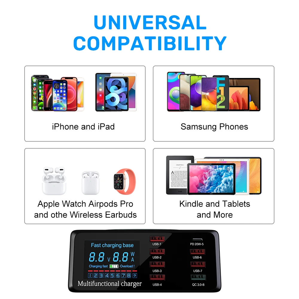 Беспроводное зарядное устройство QI, 10 Вт, мульти-USB адаптер для быстрой зарядки, 8 USB-портов, концентратор для быстрой зарядки 3,0 PD, зарядная ст...