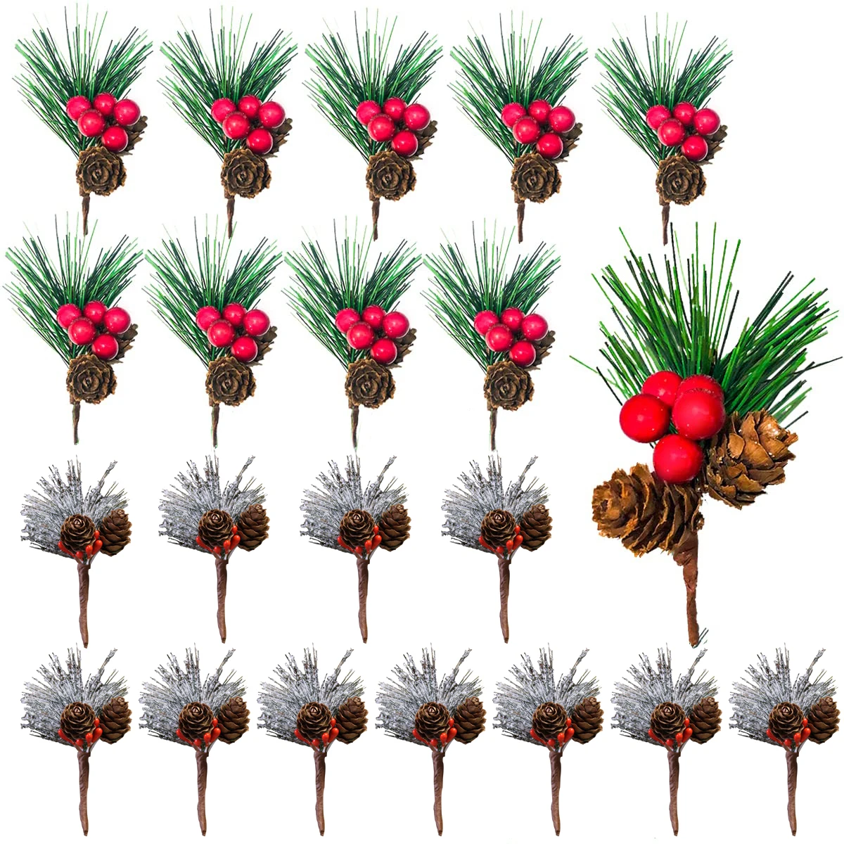 10Pcs Christmas Pine Picks Artificial Red Berries Branches with Pinecone Stem for DIY Wreath 2024 Navidad Party Decor Supplies