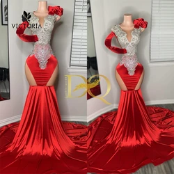 Red Sexy One Shoulder Silver Crystal Luxury Prom Dress 2024 For Blackgirls African Mermiad Birthday Party Customized