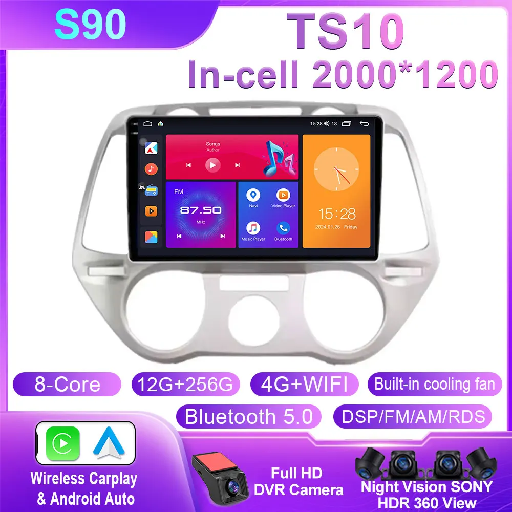 Android 14 Carplay Voor Hyundai i20 2008 2009 2010 2011 2012 Autoradio Stereo Multimedia Video Player DSP GPS 4G WIFI QLED Scherm
